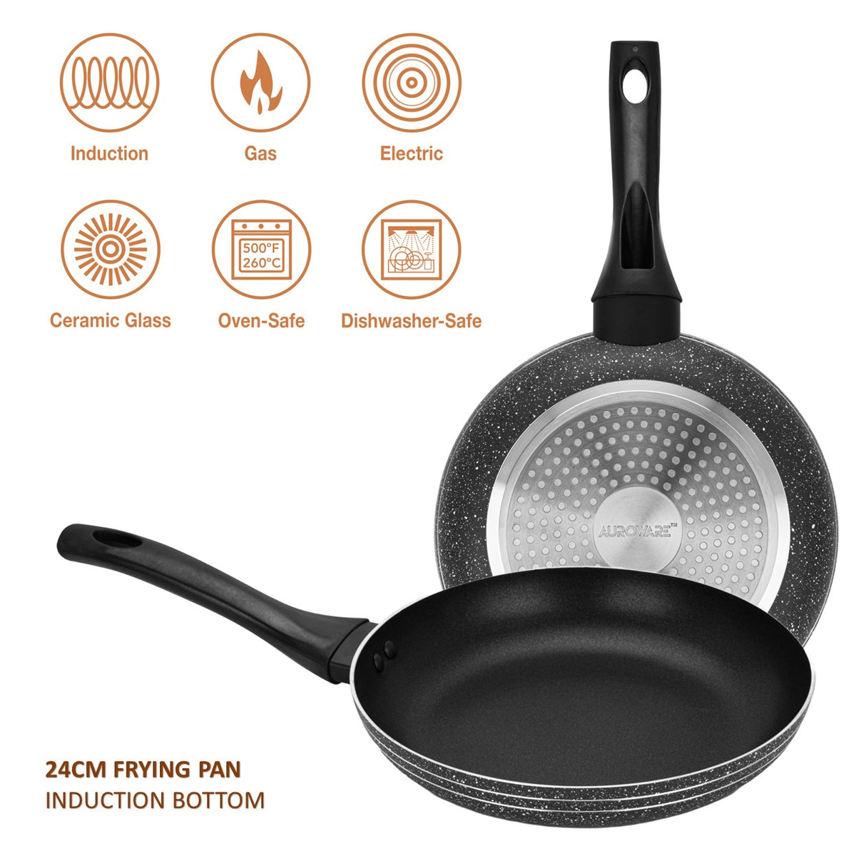 Auroware 10 Pcs Non Stick Cookware set Induction Bottom Pressed Aluminium Wok pan with Lid Casserole with Lid Frying pan Sauce pan with Lid Kitchen Tools
