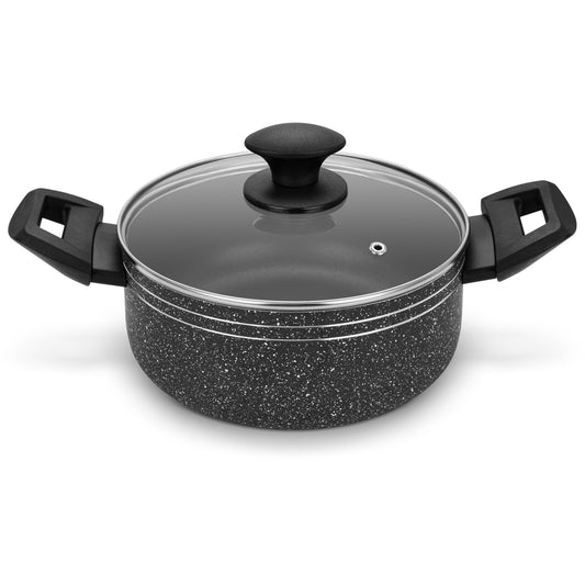 Auroware Non Stick Casserole with Glass Lid, Black, Pressed Aluminium, Dishwasher safe, Durable and Strong Handle