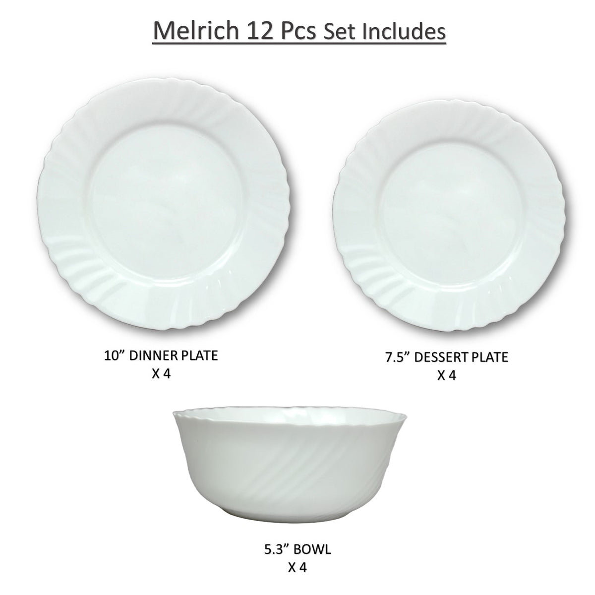 Melrich 12 Pcs Oplaware Dinner Set 4 Dinner Plate 4 Dessert Plate 4 Bowl Dishwasher Microwave Safe Heat Scratch Resistance Easy to Clean BPA Free