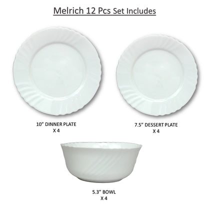 Melrich 12 Pcs Oplaware Dinner Set 4 Dinner Plate 4 Dessert Plate 4 Bowl Dishwasher Microwave Safe Heat Scratch Resistance Easy to Clean BPA Free