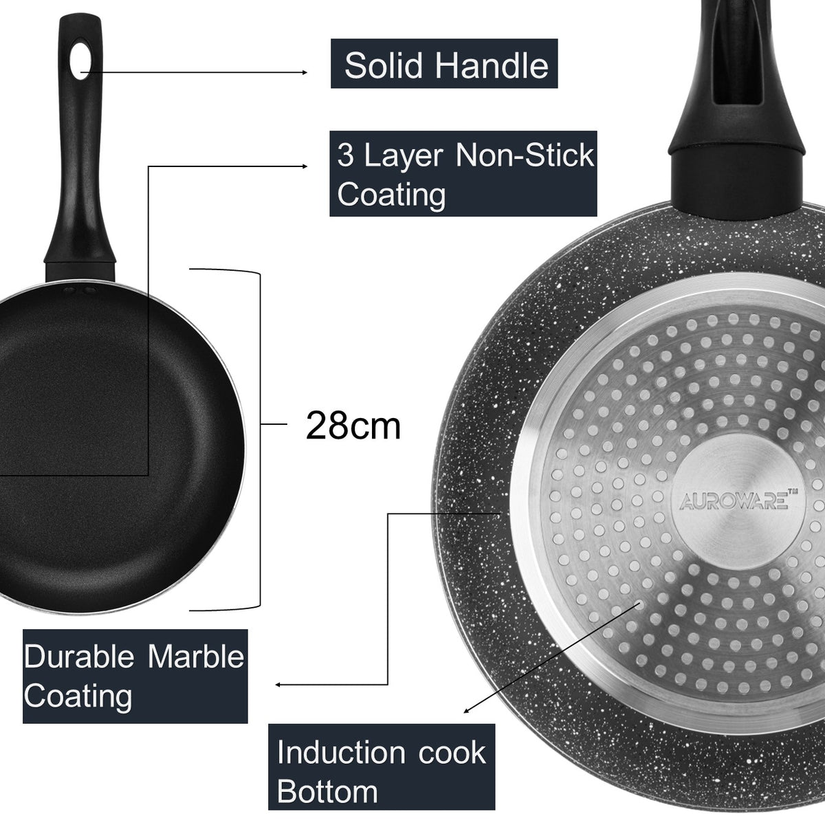 Auroware Long lasting Non-Stick Round Fry Pan Black, Aluminum Durable Three Layer Coating, Induction Cook Bottom, Strong Handle