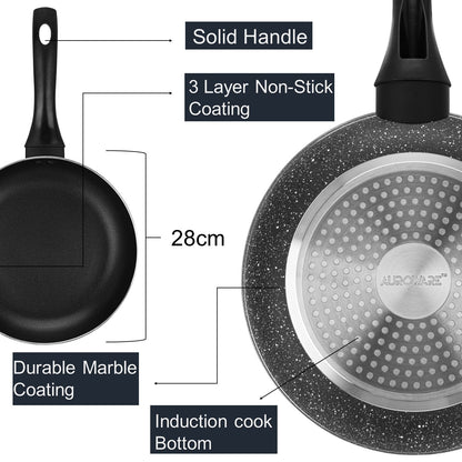 Auroware Long lasting Non-Stick Round Fry Pan Black, Aluminum Durable Three Layer Coating, Induction Cook Bottom, Strong Handle