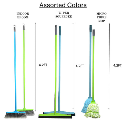 Clean & Care Cleaning Set Combo Indoor Broom Wiper Squeegee Spin Mop All with Iron Stick Long Handle for Home Kitchen Office (Assorted)