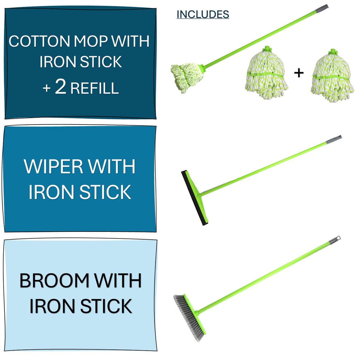 Clean & Care Cleaning Set Combo Indoor Broom Wiper Squeegee Spin Mop All with Iron Stick Long Handle for Home Kitchen Office (Assorted)