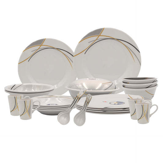 Melrich Melamine Dinnerware set Dinner Soup salad plates bowls spoons serving plates Durable and Long lasting for kitchen Dishwasher safe - White