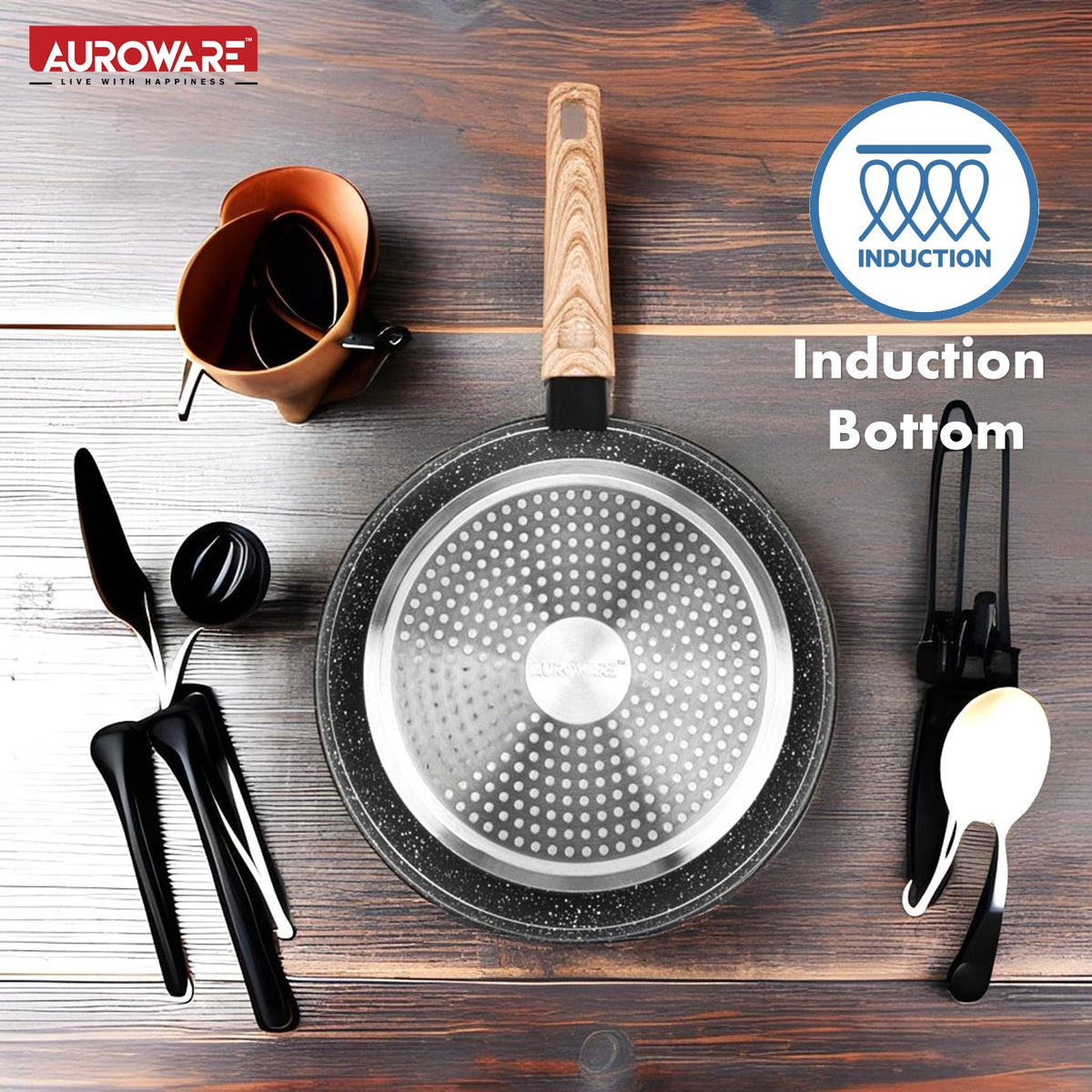 Auroware Non Stick Frying pan Induction Bottom Three Layer Coating PFOA Free Forged Aluminium Construction Extra Durable Marble Coating