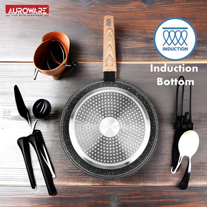 Auroware Non Stick Frying pan Induction Bottom Three Layer Coating PFOA Free Forged Aluminium Construction Extra Durable Marble Coating