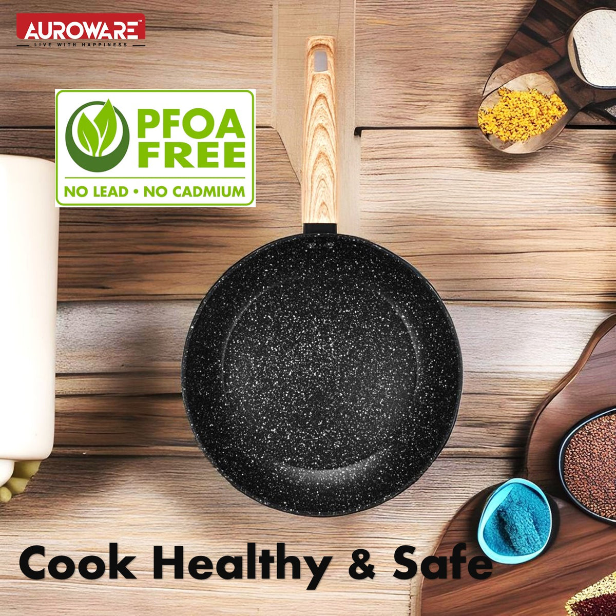 Auroware Non Stick Frying pan Induction Bottom Three Layer Coating PFOA Free Forged Aluminium Construction Extra Durable Marble Coating