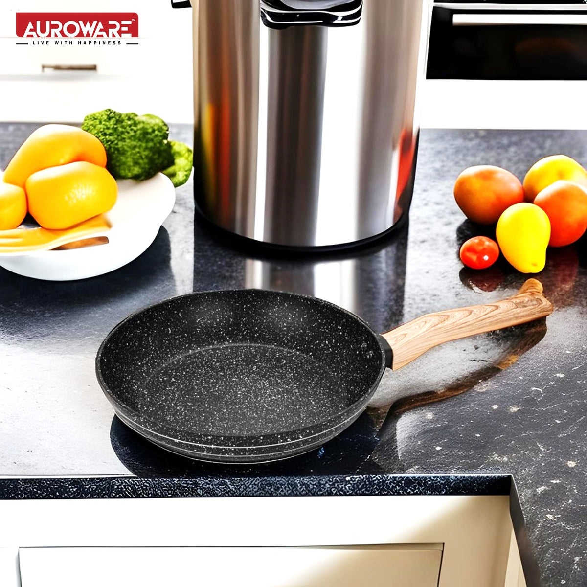 Auroware Non Stick Frying pan Induction Bottom Three Layer Coating PFOA Free Forged Aluminium Construction Extra Durable Marble Coating