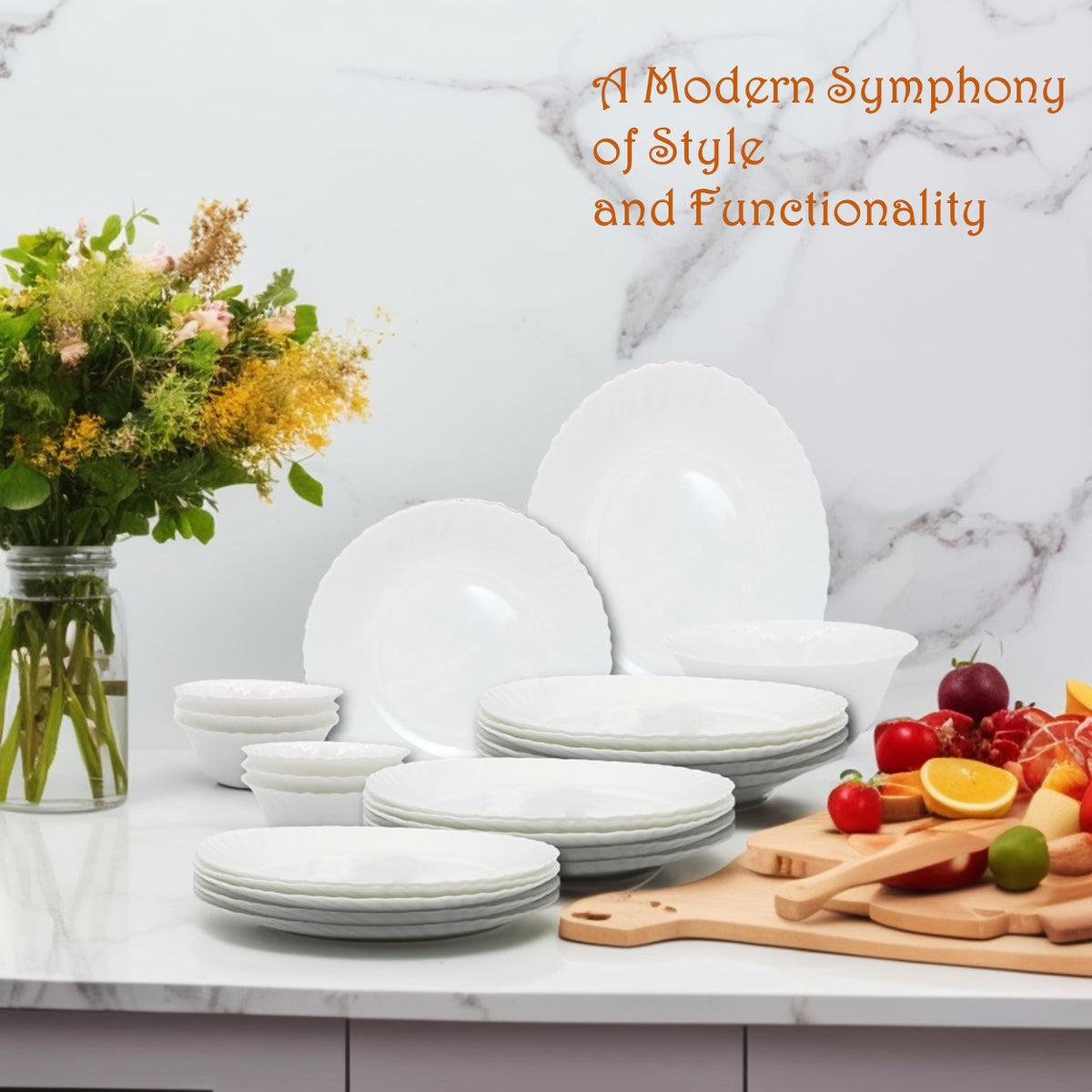 Melrich 38 Piece Opalware Dinner Set 8 Dinner Plate, 8 Dessert Plate, 8 Soup Plate, 8 Bowl, 2 Serving Plate, 2 Serving Bowl, 2 Medium Bowl Microwave Safe Scratch Resistance
