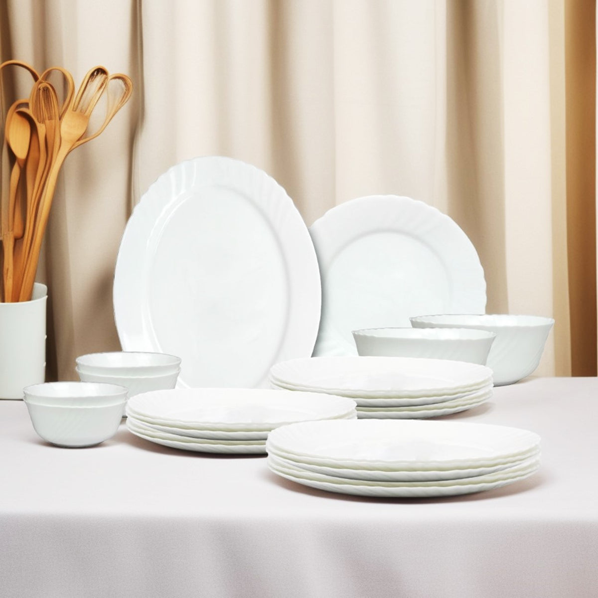 Melrich 38 Piece Opalware Dinner Set 8 Dinner Plate, 8 Dessert Plate, 8 Soup Plate, 8 Bowl, 2 Serving plate, 2 Serving bowl, 2 Medium Bowl Dishwasher safe, Microwave safe