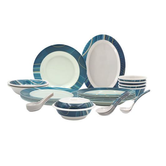 Melrich Melamine Dinnerware Set Dinner set Durable and Long lasting Dishwasher safe Light weight Dinner plates Salad bowls Soup plates Spoons - Blue 12, 18, 28, 38 Piece