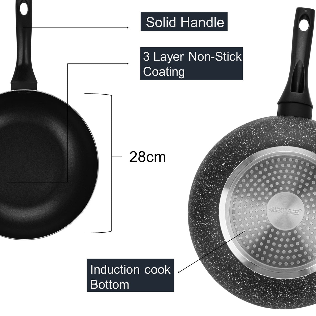Auroware Non-Stick Aluminium Wok Pan with Lid Black Aluminium Marble Coting Side Three layer Non stick coating Strong Handle