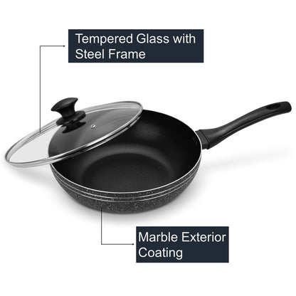 Auroware Non-Stick Aluminium Wok Pan with Lid Black Aluminium Marble Coting Side Three layer Non stick coating Strong Handle