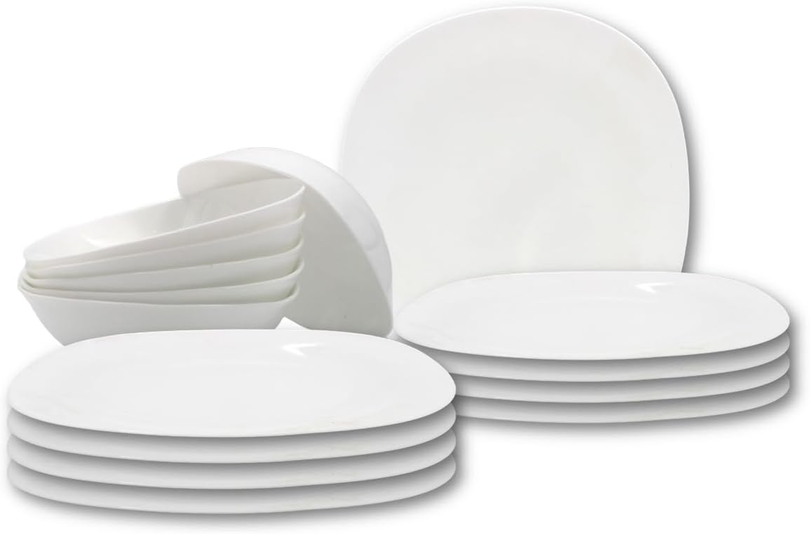 Melrich 12 Peice Opal ware Dinner set Dishwahser Safe Microwave safe Dinner plate Dessert Plate Bowls BPA Free Easy to Clean