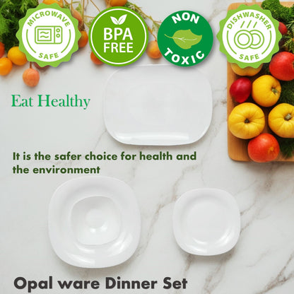 Melrich 12 Peice Opal ware Dinner set Dishwahser Safe Microwave safe Dinner plate Dessert Plate Bowls BPA Free Easy to Clean