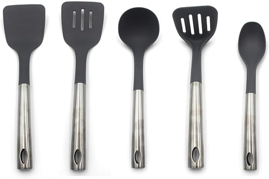 Auroware Kitchen Handle Steel Utensils Set 5 Piece for Baking, Cooking, and Mixing, Dishwasher Safe, Heat Resistant, Soup ladle, Slotted turner, Egg whisk, Solid spoon, and skimmer
