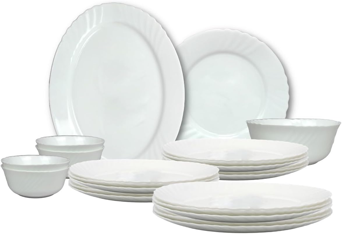 Melrich 26 Pcs Opal ware Dinner set 6 Dinner plate 6 Dessert Plate 6 Soup Plate 6 Bowl 1 Oval Plate 1 Serving Bowl Dishwasher Microwave Safe