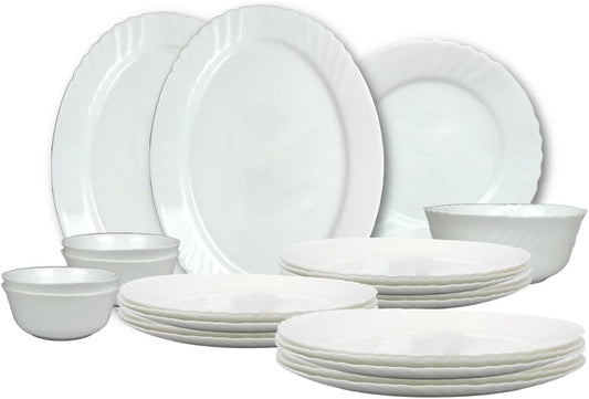 Melrich 27 Pcs Opal ware Dinner Set 6 Dinner plate, 6 Dessert plate, 6 Soup plate, 6 Bowl, 1 Medium & 1 Large Bowl 1 Serving Plate Dishwasher safe Microwave safe Scratch Resistance