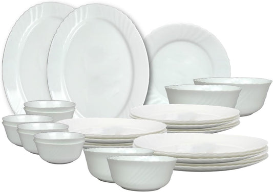Melrich 38 Piece Opalware Dinner Set 8 Dinner Plate, 8 Dessert Plate, 8 Soup Plate, 8 Bowl, 2 Serving plate, 2 Serving bowl, 2 Medium Bowl Dishwasher safe, Microwave safe