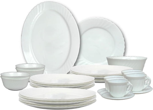 Melrich 38 Pcs Opal ware Dinner Set 6 Dinner Plate 6 Dessert Plate 6 Soup Plate 6 Bowls 6+6 Cup & Saucer 1 Oval Plate 1 Serving Bowl Dishwasher Microwave Safe