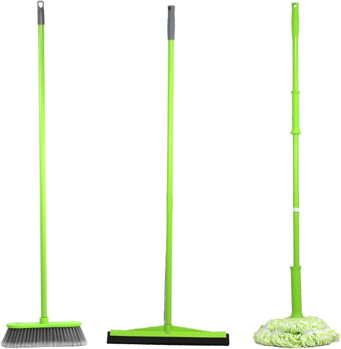 Clean & Care Cleaning Set Combo Indoor Broom Wiper Squeegee Spin Mop All with Iron Stick Long Handle for Home Kitchen Office (Assorted)