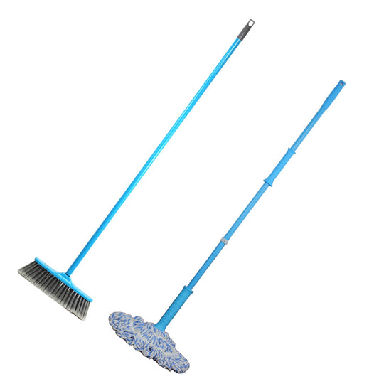 Clean &amp; Care Cleaning Set Combo Indoor Broom Spinning Mop with Iron Stick Long Handle Styiff Bristles Office Home Kitchen (Assorted)