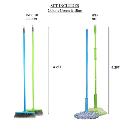 Clean &amp; Care Cleaning Set Combo Indoor Broom Spinning Mop with Iron Stick Long Handle Styiff Bristles Office Home Kitchen (Assorted)