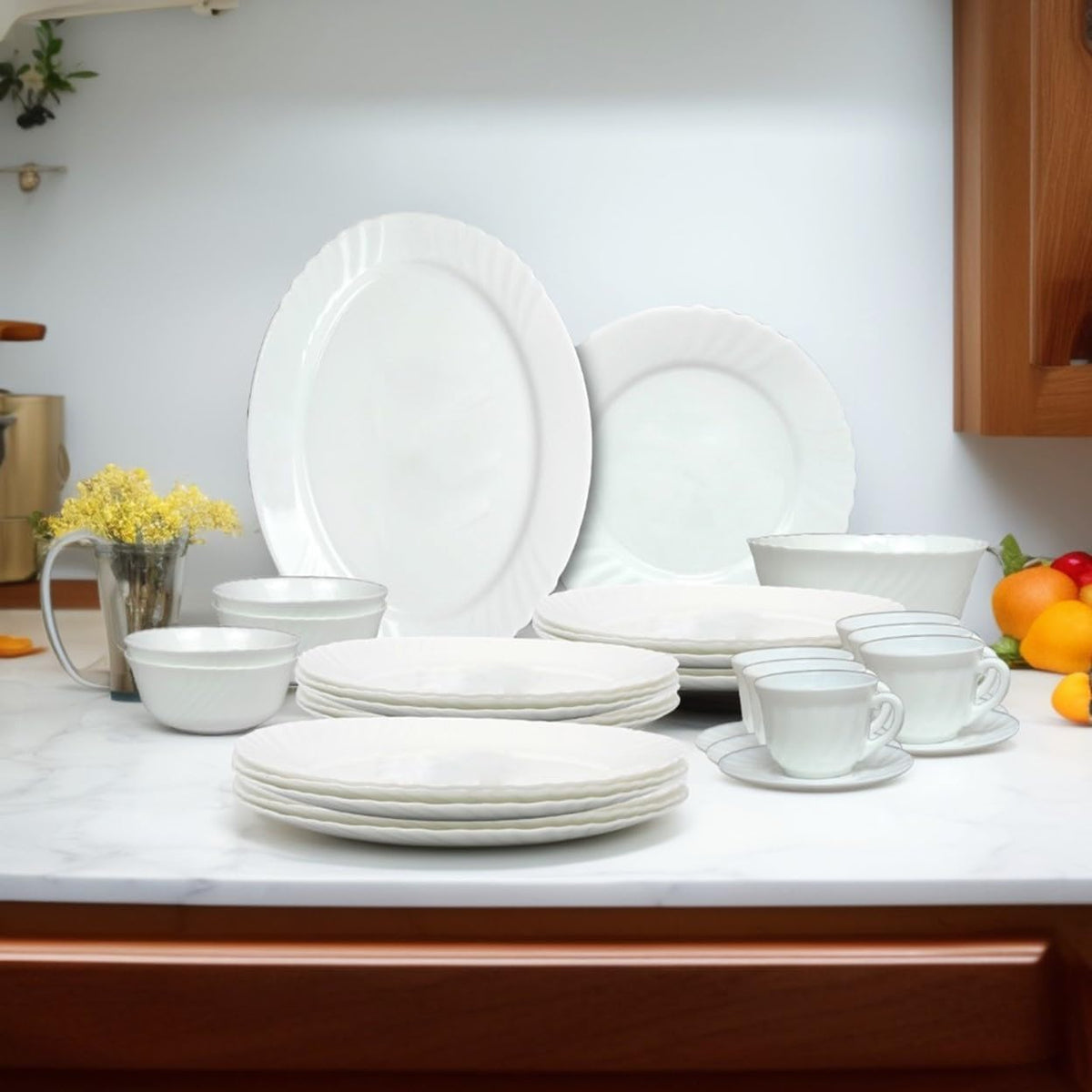Melrich 38 Pcs Opal ware Dinner Set 6 Dinner Plate 6 Dessert Plate 6 Soup Plate 6 Bowls 6+6 Cup & Saucer 1 Oval Plate 1 Serving Bowl Dishwasher Microwave Safe