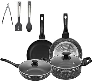 Auroware 9 Pcs Non Stick Cookware Set Induction Bottom Wokpan with Lid Casserole with Lid Frying Pan Kitchen utensils Three layer coating PFOA Free
