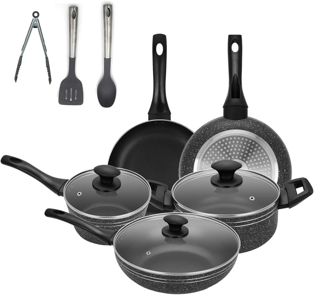 Auroware 10 Pcs Non Stick Cookware set Induction Bottom Pressed Aluminium Wok pan with Lid Casserole with Lid Frying pan Sauce pan with Lid Kitchen Tools