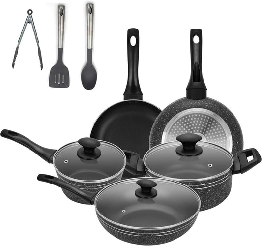 Auroware 10 Pcs Non Stick Cookware set Induction Bottom Pressed Aluminium Wok pan with Lid Casserole with Lid Frying pan Sauce pan with Lid Kitchen Tools