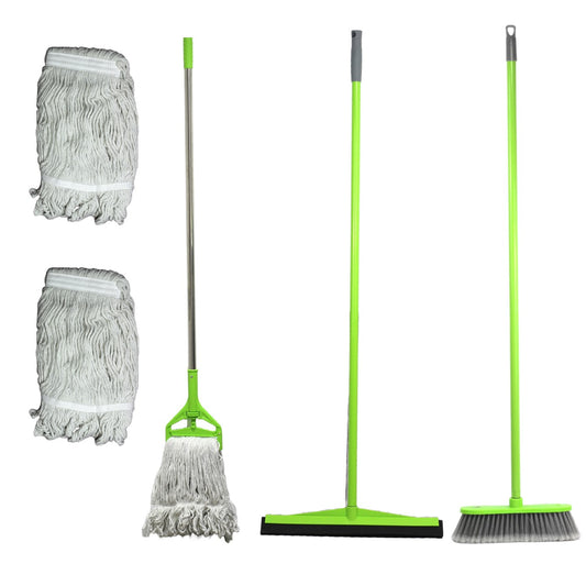 Clean & Care Home Cleaning Set Broom Wiper Squeegee Cotton Mop with Iron Stick and Two Refill for Home Kitchen Bathroom Cleaning (Assorted Color)