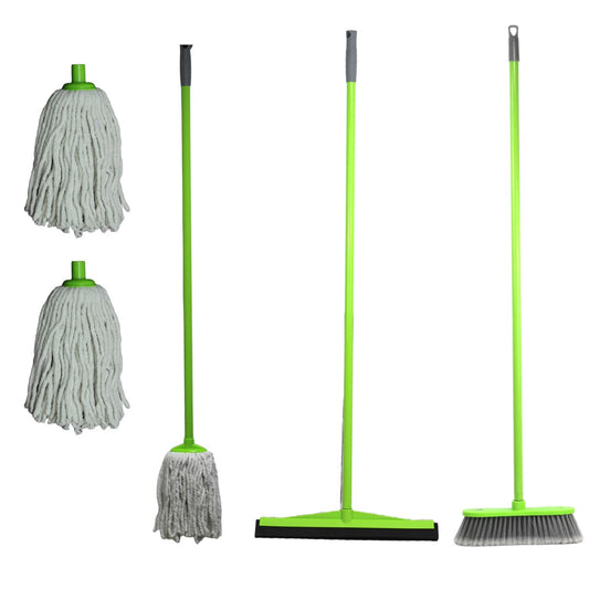 Clean & Care Cleaning Set Broom Wiper Cotton Mop with Iron Stick and Two Refill Set for Kitchen Home Bathroom tools (Assorted Color)