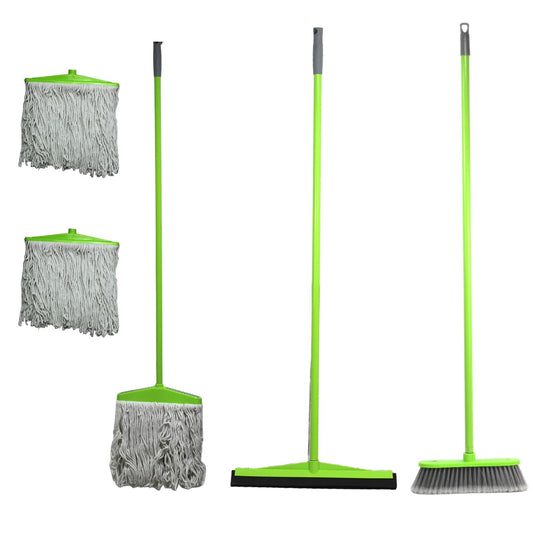Clean & Care Cleaning Set Broom Wiper Squeegee Cotton Mop with Iron Stick and Two Refill for Home Kitchen Bathroom Cleaning Durable and Strong (Assorted Color)