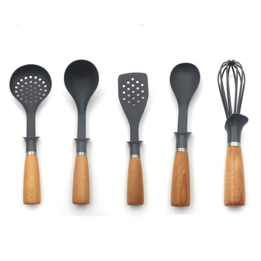 Auroware Kitchen Handle Wood Utensils Set 5 Piece for Baking, Cooking, and Mixing, Dishwasher Safe, Heat Resistant, Soup ladle, Slotted turner, Egg whisk, Solid spoon, and skimmer