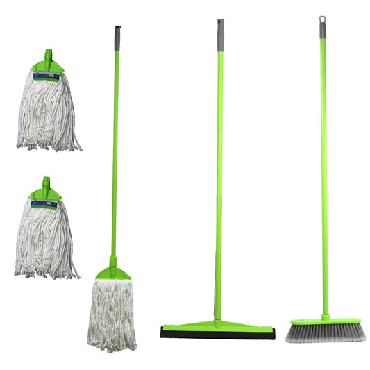 Clean & Care Cleaning Set Broom Wiper Squeegee Cotton Mop with Iron Stick and Two Refill for Home Bathroom kitchen Cleaning Durable and Strong (Assorted Color)