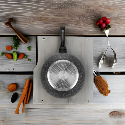 Auroware Non-Stick Aluminium Wok Pan with Lid Black Aluminium Marble Coting Side Three layer Non stick coating Strong Handle