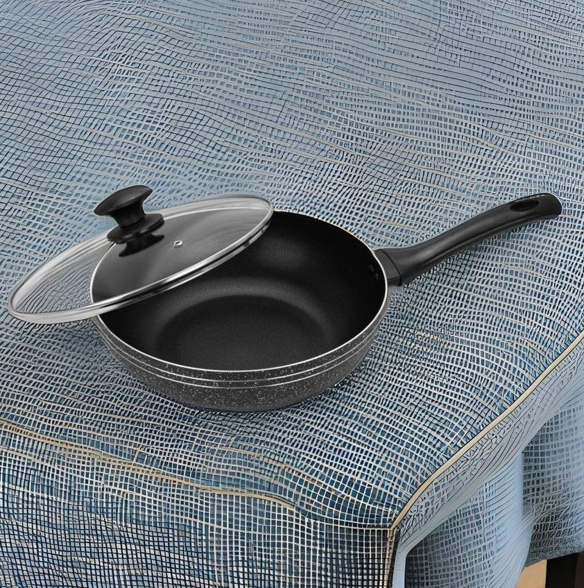 Auroware Non-Stick Aluminium Wok Pan with Lid Black Aluminium Marble Coting Side Three layer Non stick coating Strong Handle