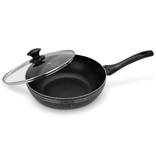 Auroware Non-Stick Aluminium Wok Pan with Lid Black Aluminium Marble Coting Side Three layer Non stick coating Strong Handle