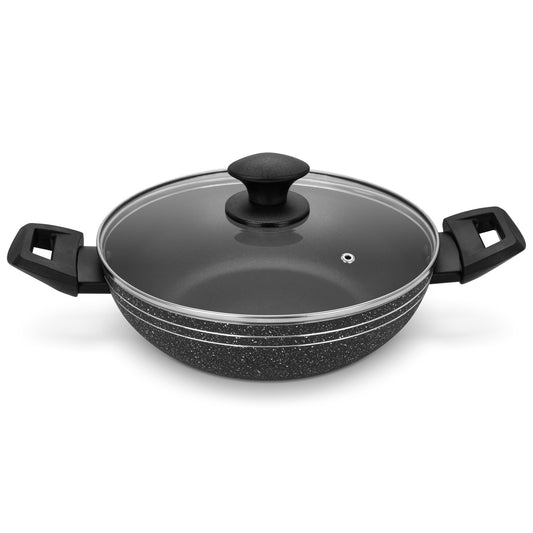 Auroware Non Stick 24 cm Wok Pan with Lid and Nylon Solid Turner Pressed Aluminum Three Layer coating Long lasting