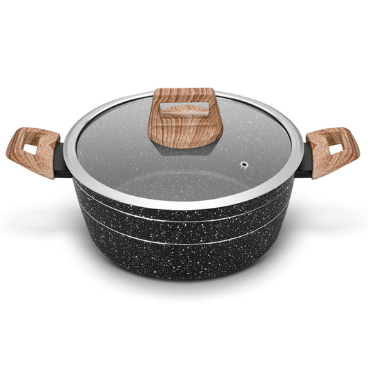 Auroware Non Stick Casserole with Glass Lid, Black, Forged Aluminium, Dishwasher safe, Durable and Strong Wooden Finish Handle