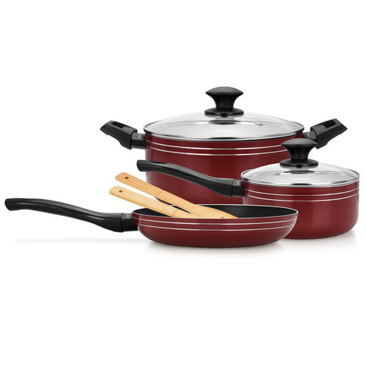 Auroware Non stick 7 Pcs Cookware Set Red, Pressed Aluminum, Dishwasher Safe, Induction Bottom, Frying Pan, Casserole & Saucepan with Lid & kitchen tool