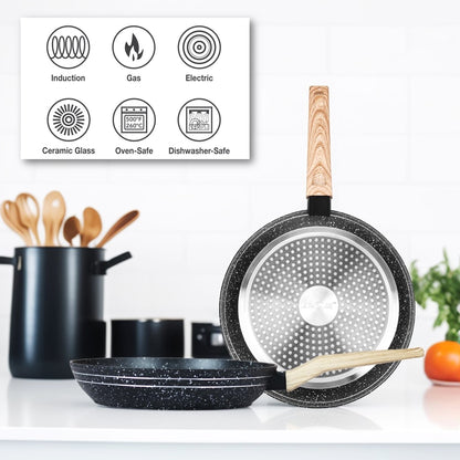 Auroware Non Stick Frying pan Induction Bottom Three Layer Coating PFOA Free Forged Aluminium Construction Extra Durable Marble Coating