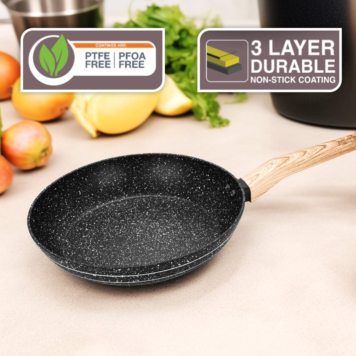 Auroware Non Stick Frying pan Induction Bottom Three Layer Coating PFOA Free Forged Aluminium Construction Extra Durable Marble Coating